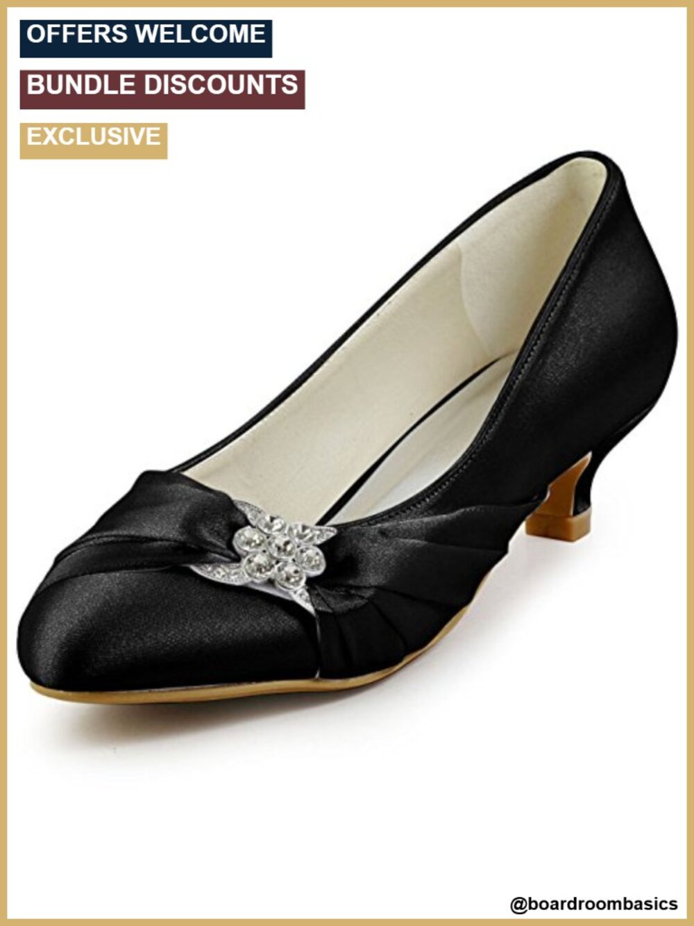 Low Heel Dress Shoes Closed Toe Satin Wedding Heels with Rhinestones Buckle 1.5